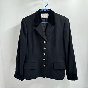 Vintage Oleg Casino Size 12 Black Wool Gold Button Velvet Cuff and Collar Blazer